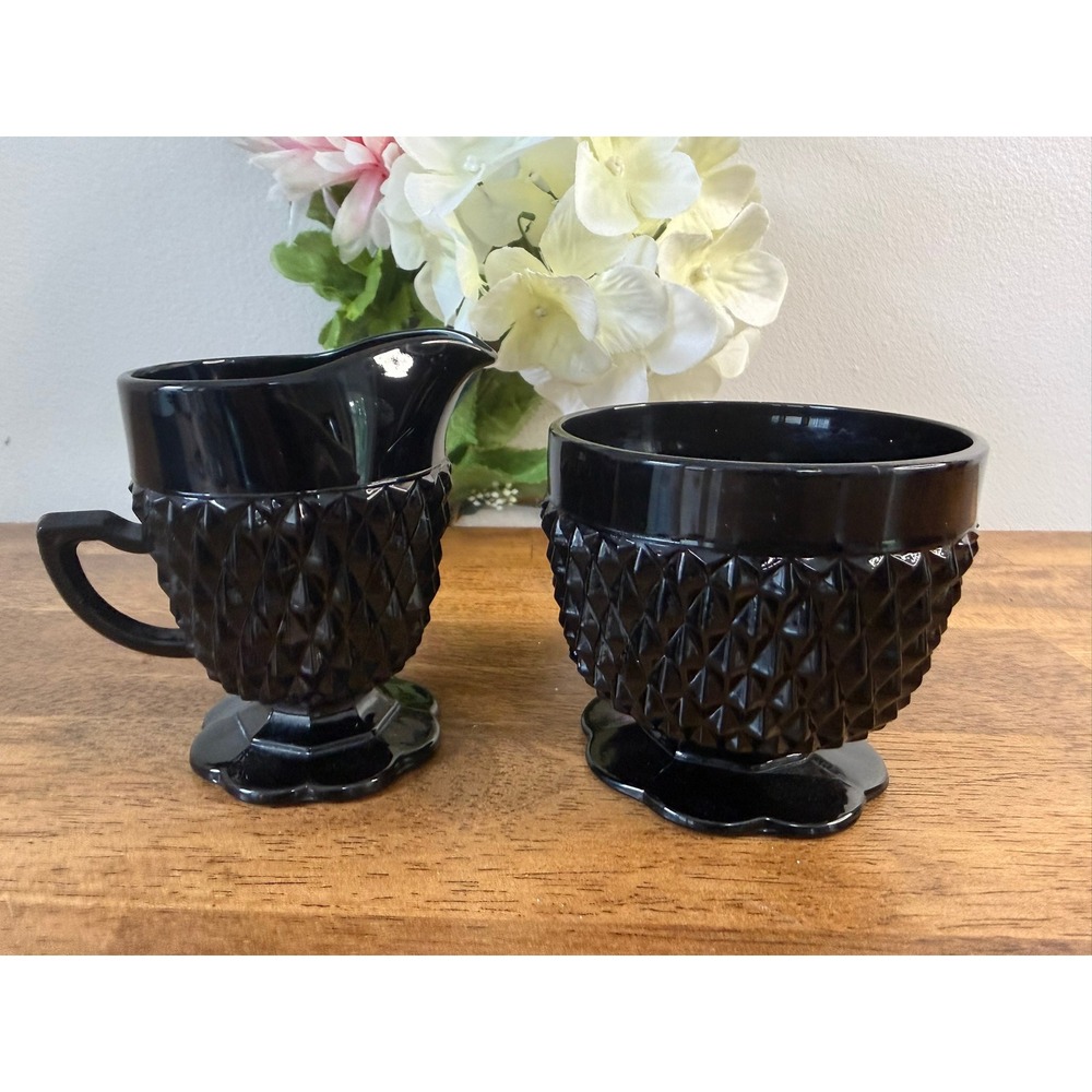 Vintage Indiana Glass Tiara Cameo Black Diamond Point Creamer Sugar Set